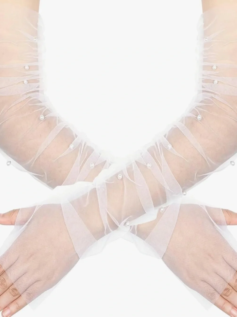 Wedding Bridal Fingerless Pearl Tulle Mesh Gloves White Ruched Opera Length